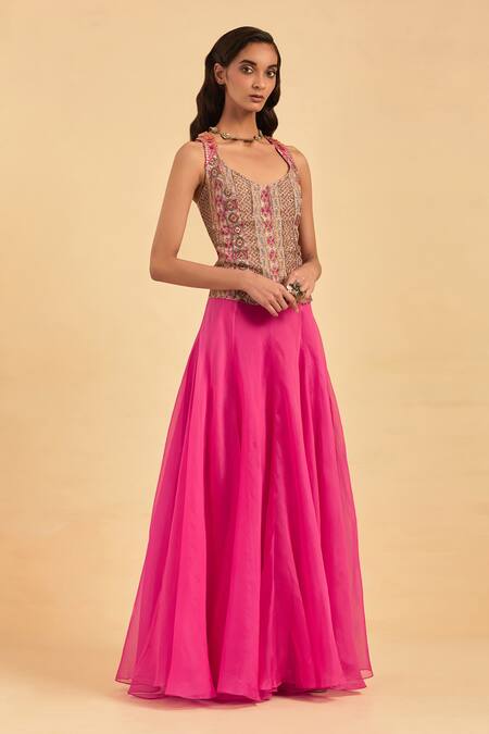 Aum By Asit And Ashima_Pink Silk Embroidery Floral V Neck Corset With Skirt _Online_at_Aza_Fashions