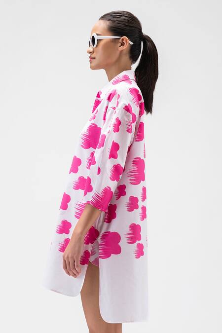 Genes Lecoanet Hemant_Pink , Satin Collared Floral Print Tunic Shirt_Online_at_Aza_Fashions