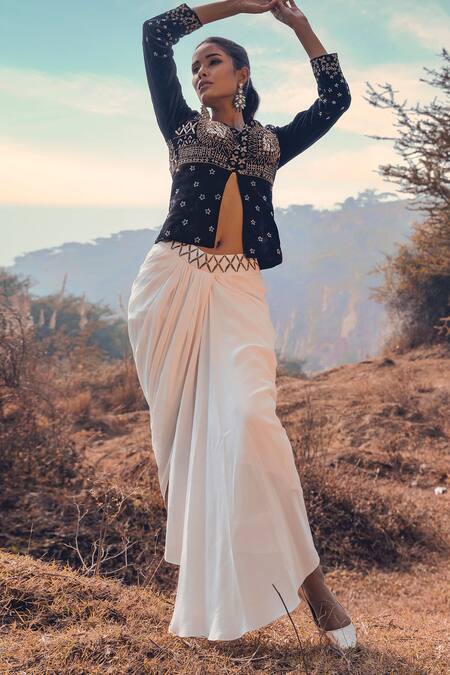 Kaprapan By Anaita Shah_Black Velvet Embroidery Thread Sweetheart Neck Jacket And Draped Skirt Set_Online_at_Aza_Fashions