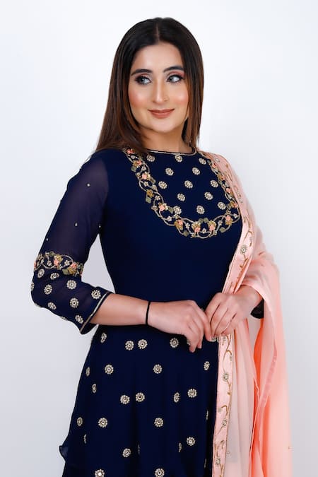 Geetika Jain_Blue Georgette Mirrors, Embroidery Round Neck Work Embellished Peplum Kurta Set _Online_at_Aza_Fashions