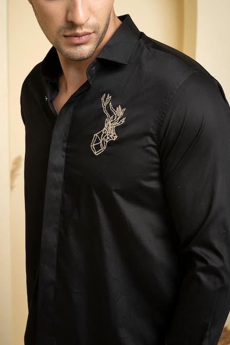 Hilo Design_Black Gingham Embroidery Perto Reindeer Shirt _Online_at_Aza_Fashions