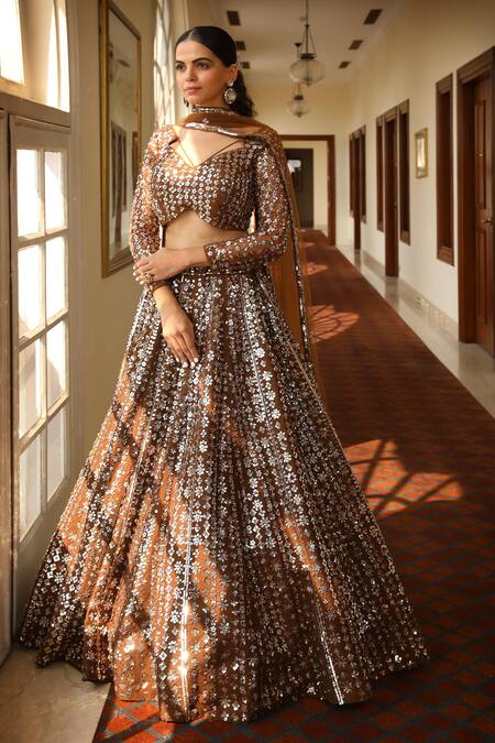 Miku Kumar_Brown Silk, Satin, Organza Sequins Abstract Embroidered Bridal Lehenga Set _Online_at_Aza_Fashions
