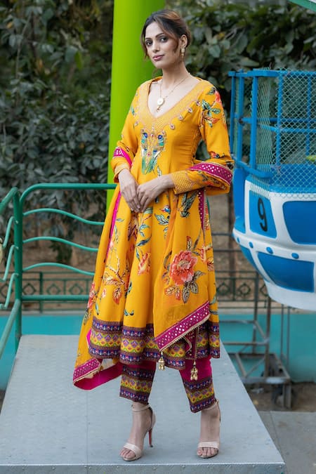 Buy Irrau By Samir Mantri Multi Color Organza, Denim Embroidery V-neck Vintage Floral Print Anarkali Set Online at Aza Fashions Buy_Irrau By Samir Mantri_Multi Color Organza, Denim Embroidery V-neck Vintage Floral Print Anarkali Set _Online_at_Aza_Fashions