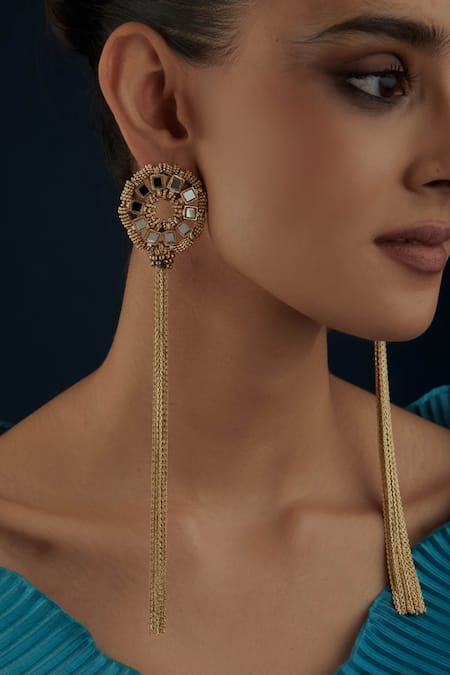 House Of Tuhina_Gold Plated Beads, Mirrors Saar Beaded Fringe Earrings _Online_at_Aza_Fashions