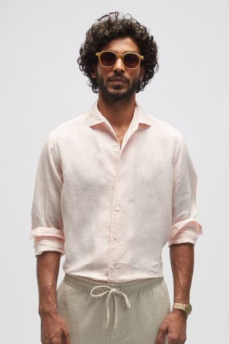 Terra Luna Pink 100% Linen Solid Spread Collar Shirt Online at Aza Fashions Terra Luna_Pink 100% Linen Solid Spread Collar Shirt _Online_at_Aza_Fashions