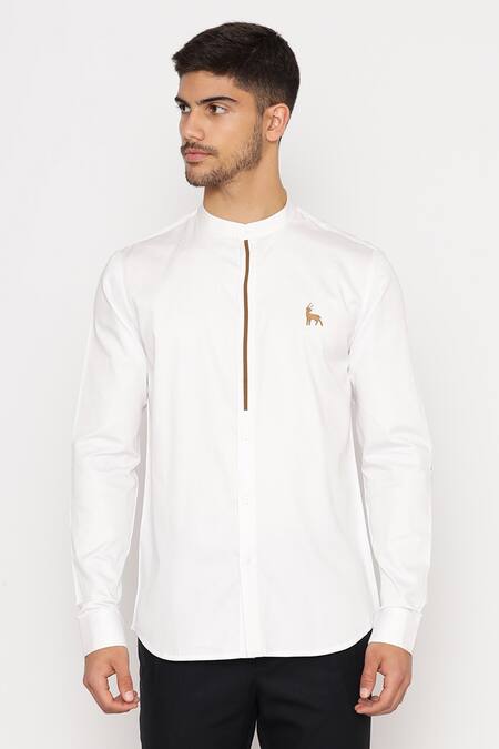 Lacquer Embassy White Cotton Satin Embroidery Antler Motif Shirt Online at Aza Fashions Lacquer Embassy_White Cotton Satin Embroidery Antler Motif Shirt _Online_at_Aza_Fashions