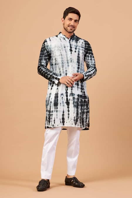 Hilo Design_White Silk Tintle Tie Dye Kurta Set_Online_at_Aza_Fashions