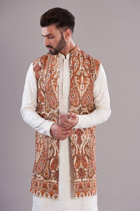 Kasbah_Multi Color Georgette, Cotton Embroidery Floral Kalamkari Work Long Open Shrug _Online_at_Aza_Fashions
