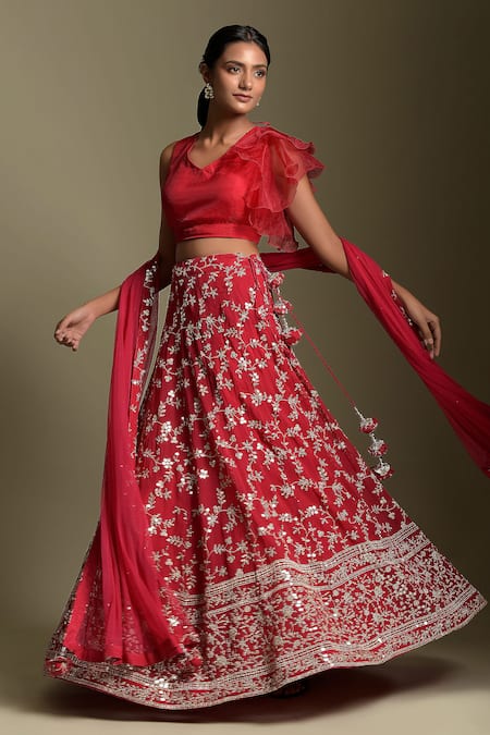 Two Sisters By Gyans Red Georgette, Blouse Organza Sequin Work V Neck Embroidered Lehenga Set Online at Aza Fashions Two Sisters By Gyans_Red Georgette, Blouse Organza Sequin Work V Neck Embroidered Lehenga Set _Online_at_Aza_Fashions