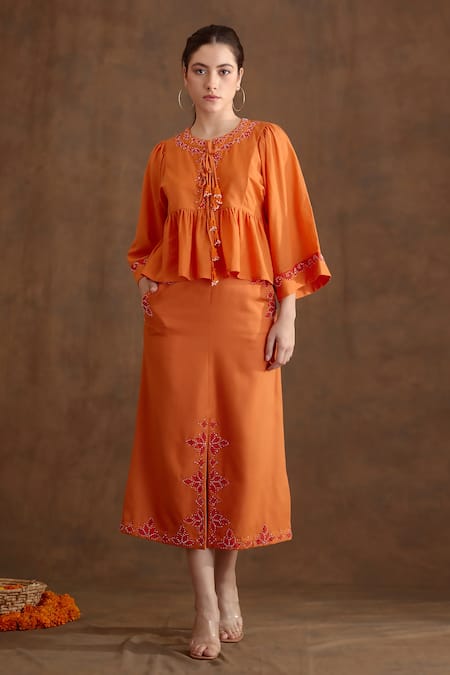 Nikasha Orange Cotton, Silk, Rayon Beads Placement Embroidered Top And A-line Skirt Set Online at Aza Fashions Nikasha_Orange Cotton, Silk, Rayon Beads Placement Embroidered Top And A-line Skirt Set _Online_at_Aza_Fashions