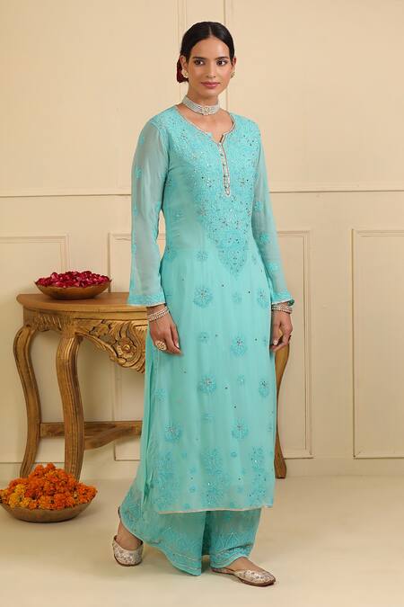 Esha Koul_Blue Georgette Embroidered And Embellished Chikankari Floral Work Kurta Pant Set_Online_at_Aza_Fashions