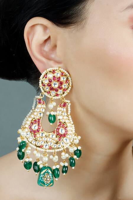 Auraa Trends_Red Stones, Pearls, Diamonds Polki Embellished Chandelier Earrings _Online_at_Aza_Fashions