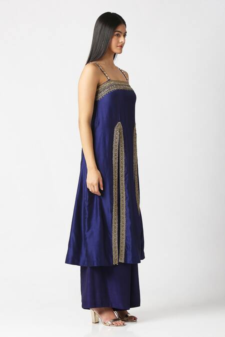 Labbada_Blue Kurta Chanderi Hand Embroidered Marodi Square Neck Slit And Palazzo Set_Online_at_Aza_Fashions