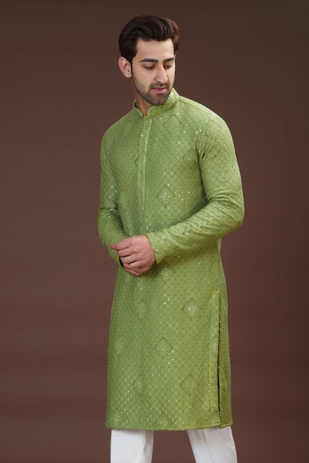 Kasbah_Green Georgette Sequins Chikankari Embroidered Kurta Set _Online_at_Aza_Fashions