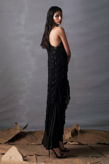 AK-OK Black Cotton Sequins, Embroidery Asymmetric One Shoulder Tunic And Skirt Set Online at Aza Fashions AK-OK_Black Cotton Sequins, Embroidery Asymmetric One Shoulder Tunic And Skirt Set _Online_at_Aza_Fashions