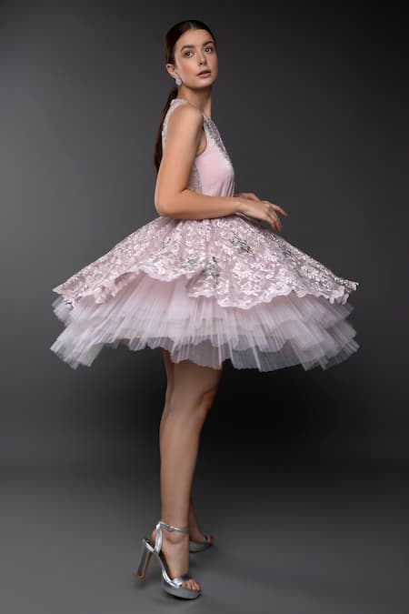 Anjum Qureshi_Pink Satin Hand Embroidered Sequin Round Flounce Dress _Online_at_Aza_Fashions