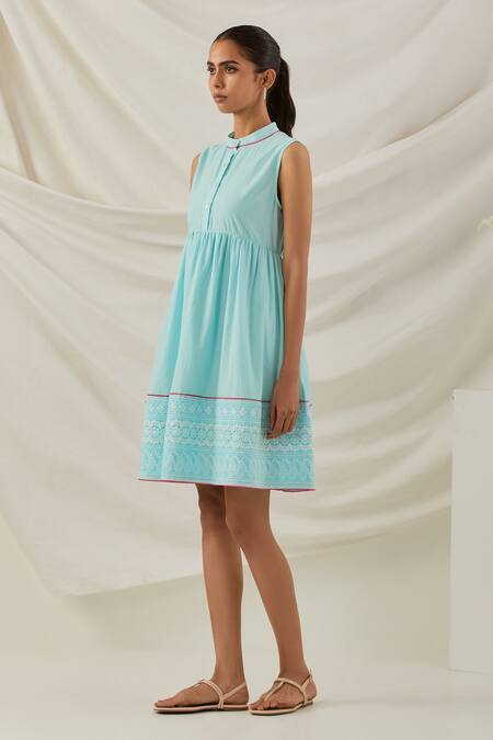 The Indian Cause Blue Cotton Embroidery Bandeau Neck Amore Hem Dress Online at Aza Fashions The Indian Cause_Blue Cotton Embroidery Bandeau Neck Amore Hem Dress_Online_at_Aza_Fashions