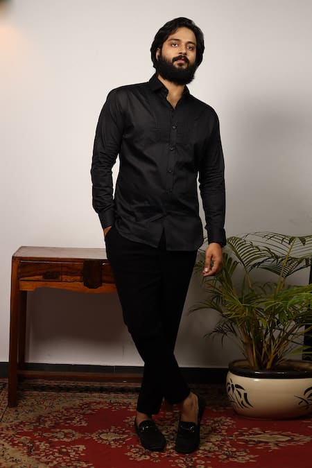 Hilo Design_Black Cotton Satin Pintuck Shirt _Online_at_Aza_Fashions