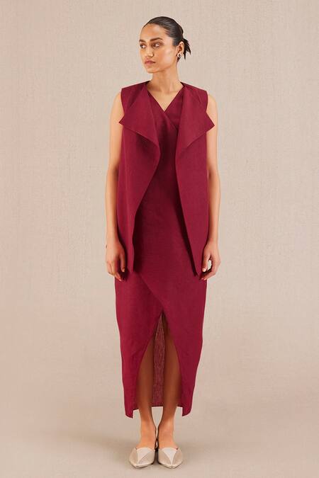 Ampm Wine Linen Collared Mila Jacket And Dress Set Online at Aza Fashions Ampm_Wine Linen Collared Mila Jacket And Dress Set_Online_at_Aza_Fashions