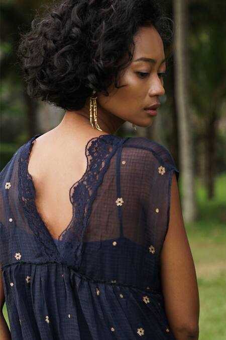 Baju_Blue 40% , 60% , Chanderi Wildflower Mallow Print Dress_Online_at_Aza_Fashions