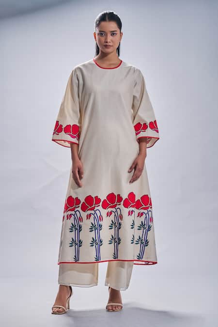 Taika By Poonam Bhagat Ivory Chanderi Embroidered Floral Round A-line Tunic Set Online at Aza Fashions Taika By Poonam Bhagat_Ivory Chanderi Embroidered Floral Round A-line Tunic Set _Online_at_Aza_Fashions