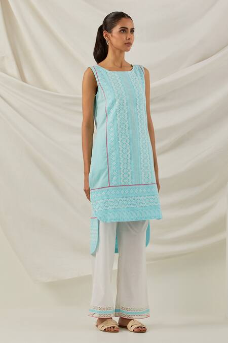 The Indian Cause_Blue Cotton Piping, Lace, Embroidery Round Neck Chikankari Kurta Palazzo Set_Online_at_Aza_Fashions