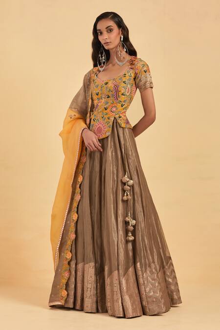 Aum By Asit And Ashima Yellow Organza Embroidery, Cut Work Round Neck Floral Aari Lehenga Set Online at Aza Fashions Aum By Asit And Ashima_Yellow Organza Embroidery, Cut Work Round Neck Floral Aari Lehenga Set _Online_at_Aza_Fashions