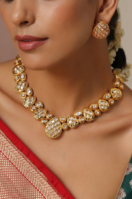 Swabhimann_Gold Plated Diamonds, Stones, Pearls Shaped Necklace Set _Online_at_Aza_Fashions