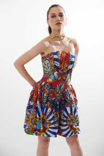Cin Cin_Red Cotton Bandeau Neck Printed Motif Balloon Corset Short Dress _Online_at_Aza_Fashions