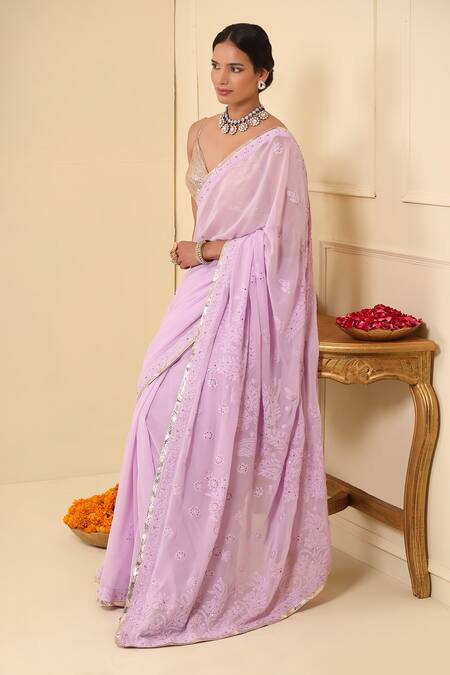 Esha Koul_Purple Georgette Embroidered And Embellished Chikankari Plunge Saree & Blouse Set_Online_at_Aza_Fashions