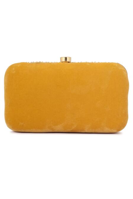 A Clutch Story_Yellow Crystals, Embroidery Velvet Studded Clutch _Online_at_Aza_Fashions