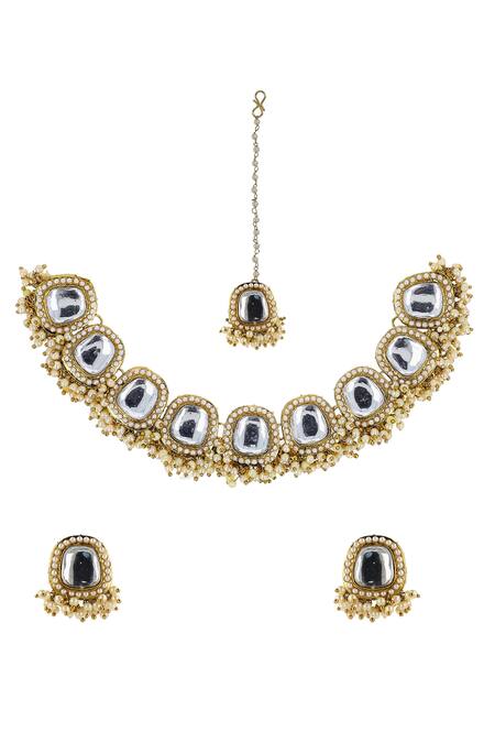 Ishhaara_Gold Plated Diamonds, Stones Kundan Embellished Necklace Set With Maangtikka _Online_at_Aza_Fashions
