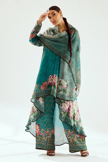 Rajdeep Ranawat_Green Silk Embroidery V-neck Aarvi Floral Pattern Tunic_Online_at_Aza_Fashions