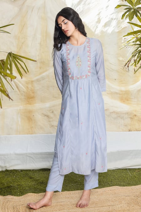 Tatwa_Blue Handloom Cotton, Viscose Embroidery Round Neck Placement Kurta And Pant Set _Online_at_Aza_Fashions