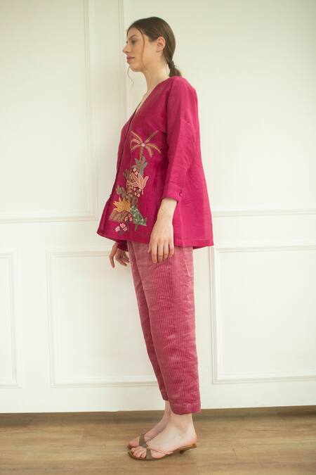 Oja Pink Pant , Shirt Linen Embroidered And Set Online at Aza Fashions Oja_Pink Pant , Shirt Linen Embroidered And Set _Online_at_Aza_Fashions