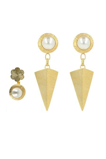 Ishhaara_Gold Plated Pearls Embellish Dangler Earrings And Ring Set _Online_at_Aza_Fashions