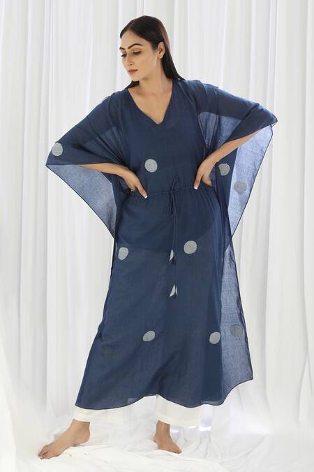 Khat_Blue V-neck Navy Polka Pattern Kaftan And Pant Set _Online_at_Aza_Fashions