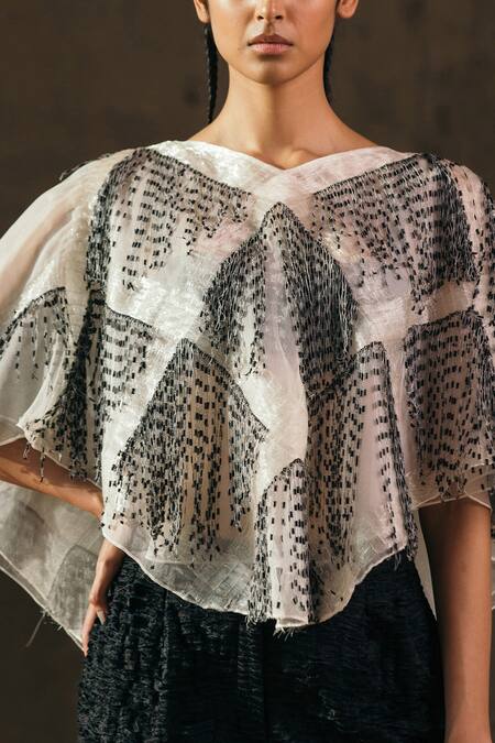 Akhl_Ivory Tulle, Viscose Fringe V-neck Poncho _Online_at_Aza_Fashions