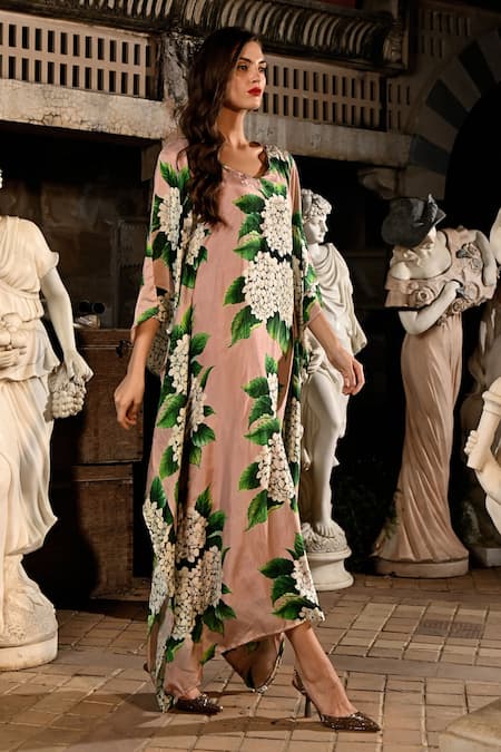 Sanam_Multi Color Silk V-neck Sophie Floral Pattern Kaftan Dress _Online_at_Aza_Fashions