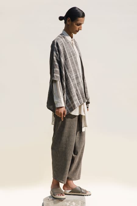 Urvashi Kaur_Grey Kota Doria Open Neck Kumo Stripe Pattern Jacket _Online_at_Aza_Fashions