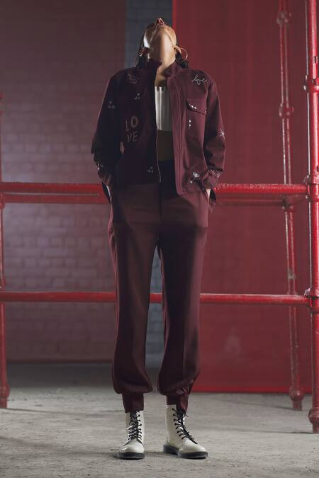 Pocketful Of Cherrie_Purple Crepe Solid Joggers_Online_at_Aza_Fashions