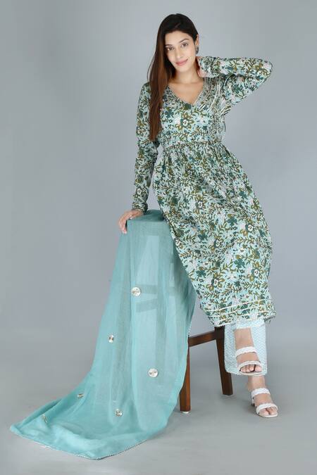 Kalakaari By Sagarika Blue Cotton Gota Patti, Embroidery Floral Print Angrakha Anarkali And Pant Set Online at Aza Fashions Kalakaari By Sagarika_Blue Cotton Gota Patti, Embroidery Floral Print Angrakha Anarkali And Pant Set _Online_at_Aza_Fashions