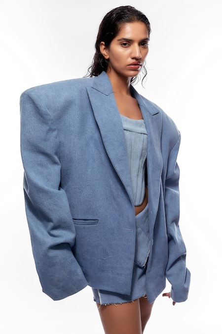 Deme By Gabriella_Blue Denim Square Neck Blazer And Short Skirt Set _Online_at_Aza_Fashions