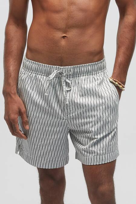 Terra Luna_White 100% Organic Handloom Oxford Cotton Moon Pattern Shorts _Online_at_Aza_Fashions