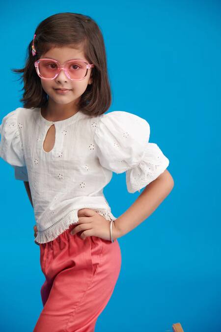 Littlecheer_White Cotton Embroidery Flamingo Puff Sleeve Top And Palazzo Set _Online_at_Aza_Fashions