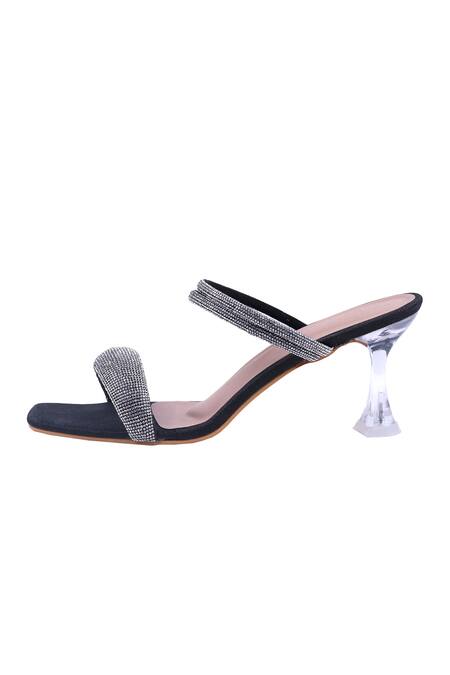 Adorn My Wish_Black Embellished Strappy Glitter Spool Heels _Online_at_Aza_Fashions