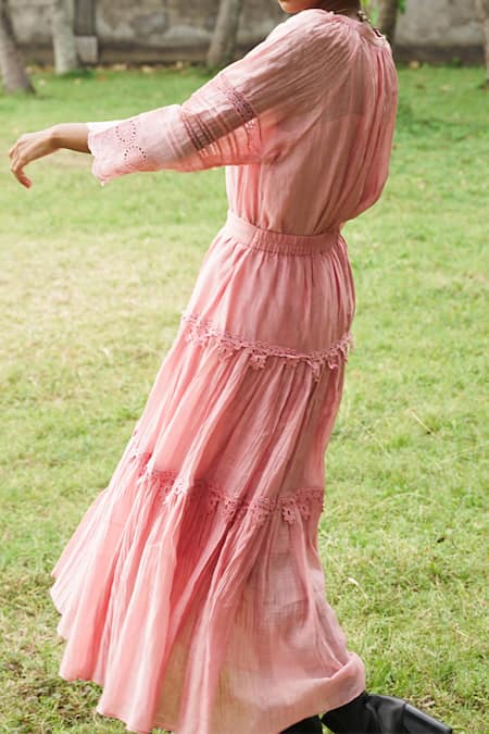 Baju_Pink 40% , 60% , Chanderi Lace Work Tally Tiered Skirt_Online_at_Aza_Fashions