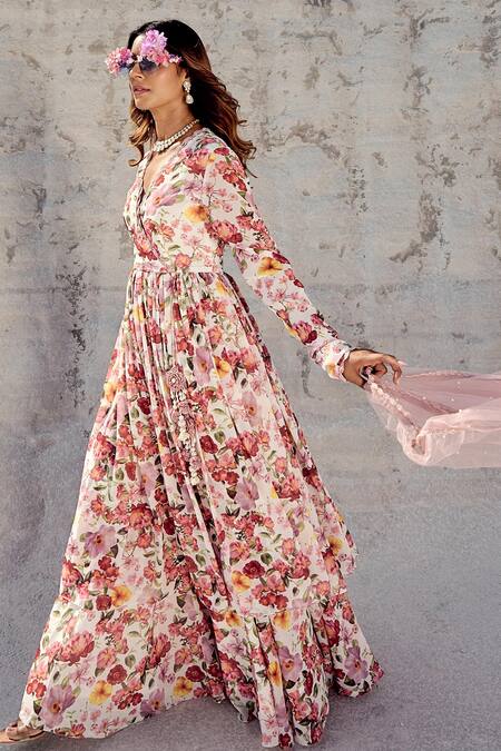 Nikita Vishakha_Pink Georgette Embroidery, Tassels V-neck Floral Print Anarkali Set _Online_at_Aza_Fashions