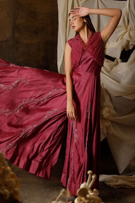 Eclat By Prerika Jalan_Wine Mohair, Organza Pearls, Sequins V-neck Embroidered Jumpsuit With Jacket _Online_at_Aza_Fashions