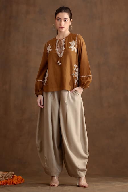 Nikasha Brown Cotton, Silk, Rayon Embroidery, Beads Applique Top And Baggy Pant Set Online at Aza Fashions Nikasha_Brown Cotton, Silk, Rayon Embroidery, Beads Applique Top And Baggy Pant Set _Online_at_Aza_Fashions